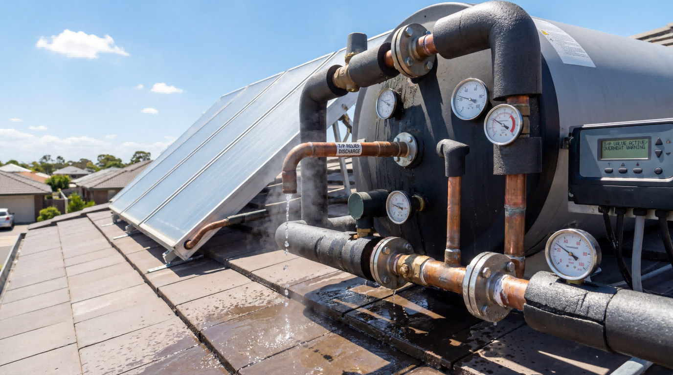 Pressure relief valve discharge and overheating signs on a pressurized solar water heater rooftop system